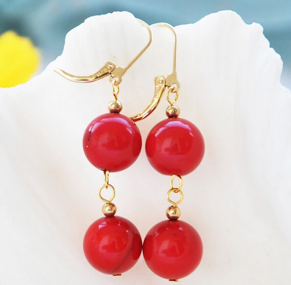 

Hot selling> free shippinbg 12229 red round coral bead dangle earring -Bride jewelry free shipping