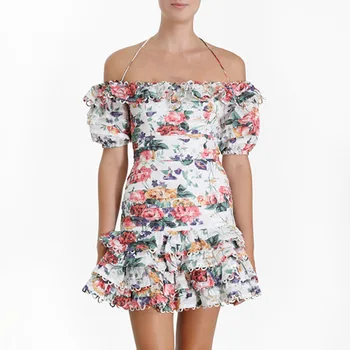 

2019 Mini Dress Sexy Celebrity Backless Print Ruffles Halter Women Slash Neck Night Club Bandage Body con Party Dress Wholesale