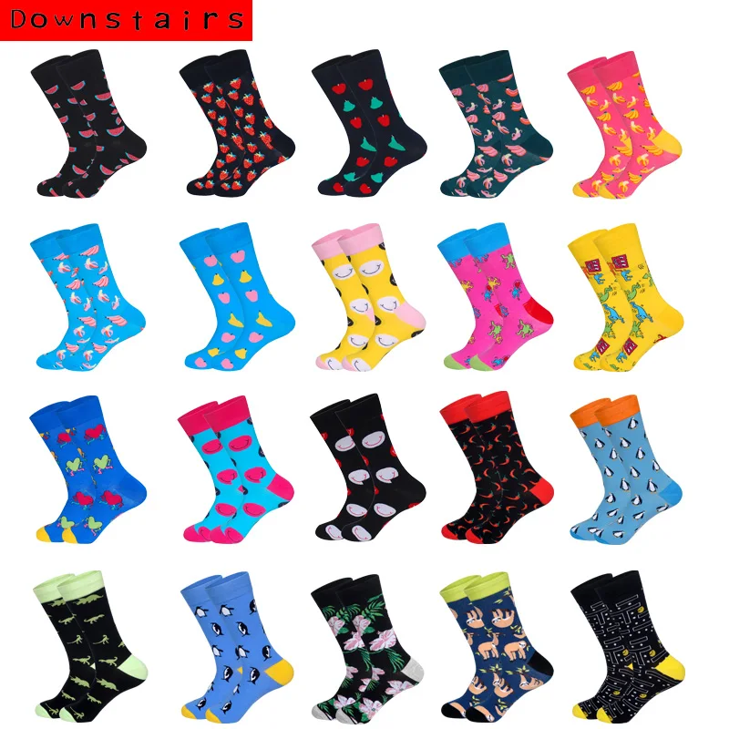 

Downstairs Breathable Men Socks 21 Color Combed Solid Street Style Penguin Smiling Banana Originality Pattern Crew Happy Socks