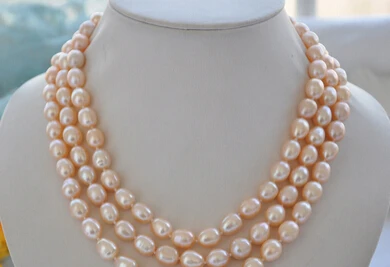 

huij 002035 3row 12mm pink rice freshwater cultured pearl necklace