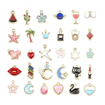 

30Pcs Mixed Enamel Charms Collection Swan Moon Star Cat Pendant Jewelry Making