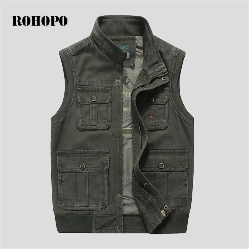 ROHOPO 7XL/8XL уплотненный хлопковый жилет с карманами для мужчин, для мотора и байкера, сафари, Мужская Рабочая хлопковая куртка без рукавов - Цвет: Армейский зеленый