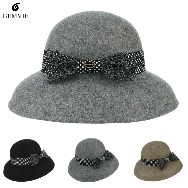 Women Wool Felt Bucket Hat Elegant Bowknot Dome Top Hat 100Wool Solid
