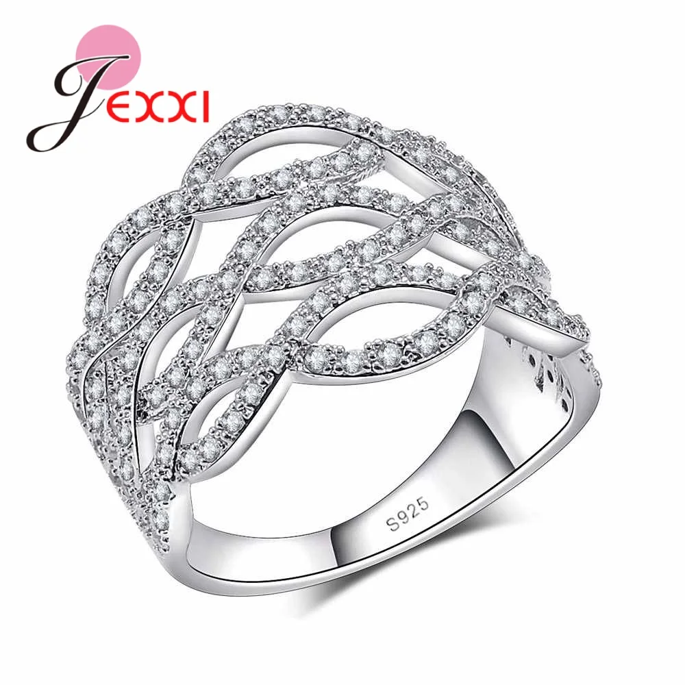 

JEXXI Women Round Blue Crystal Rings For Engagement Jewelry 925 Sterling Silver Wedding bands Finger Ring Anel Mujer Ringen