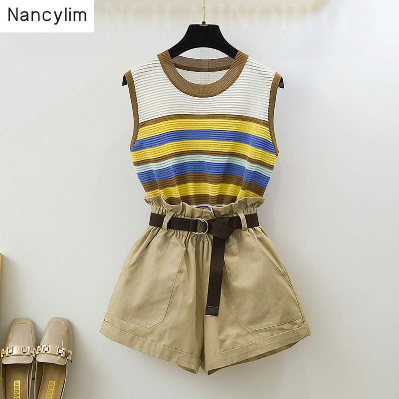 

2019 Summer Fashion Women's O Neck Sleeveless Stripe Knit T-shirt + Casual Loose Shorts 2 Pcs Sets Holiday Female Suits Nancylim