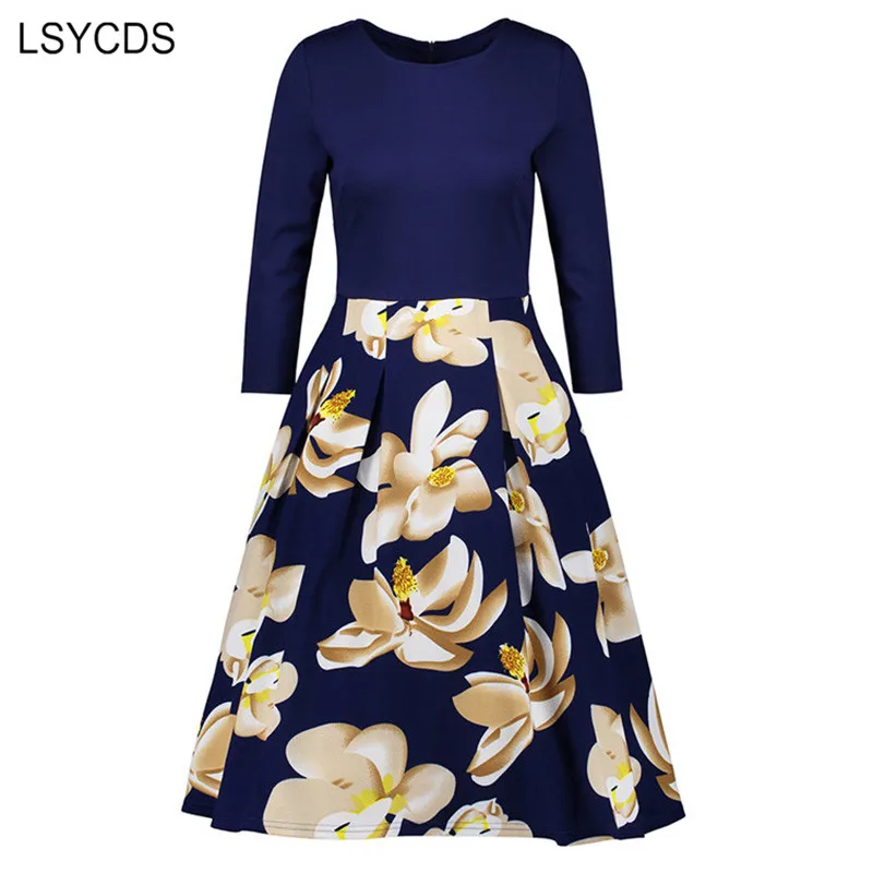 

LSYCDS 50s Vintage Dress for Women Elegant Autumn Wear O-Neck Patchwork Dress Casual Party Swing Dresses Vestidos Size S-XXL