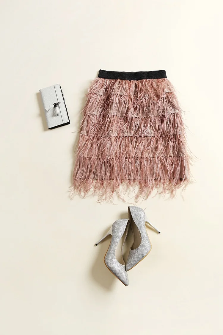 Весна осень пушистые юбки для женщин модные эластичные талии страусиные перья юбка высокая талия карандаш юбка с кисточками синий розовый