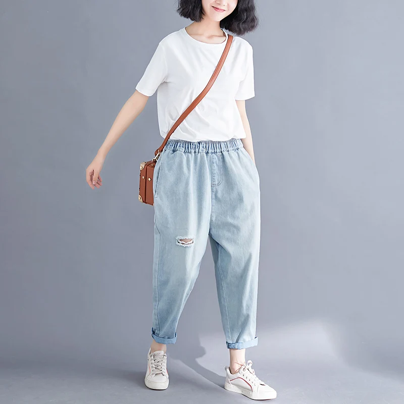 Женские джинсы весна осень Высокая талия Свободные смягчающие Femme светло-голубые рваные джинсовые шаровары большие размеры 3XL J400