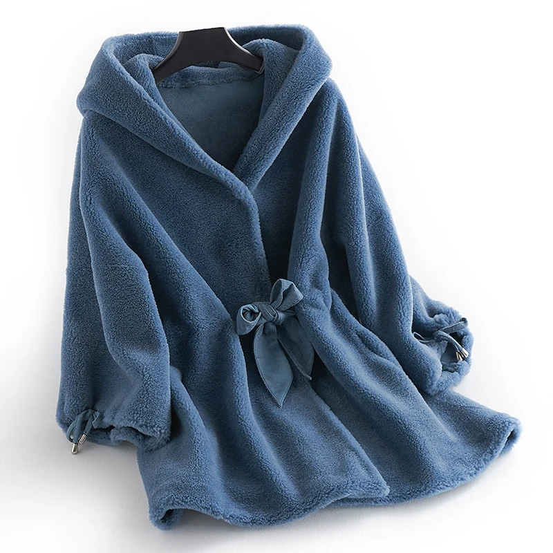 Женское меховое пальто, Корейская шерстяная куртка, зимнее пальто, женская одежда, женские топы из овечьей шерсти с капюшоном, Abrigo Mujer ZT1099 - Цвет: light blue