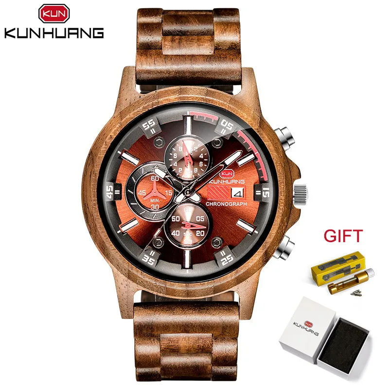

KunHuang Wooden Watch Men Luxury Stylish Wood Timepieces Chronograph Military Men Quartz Watches relogio masculino with Gift Box