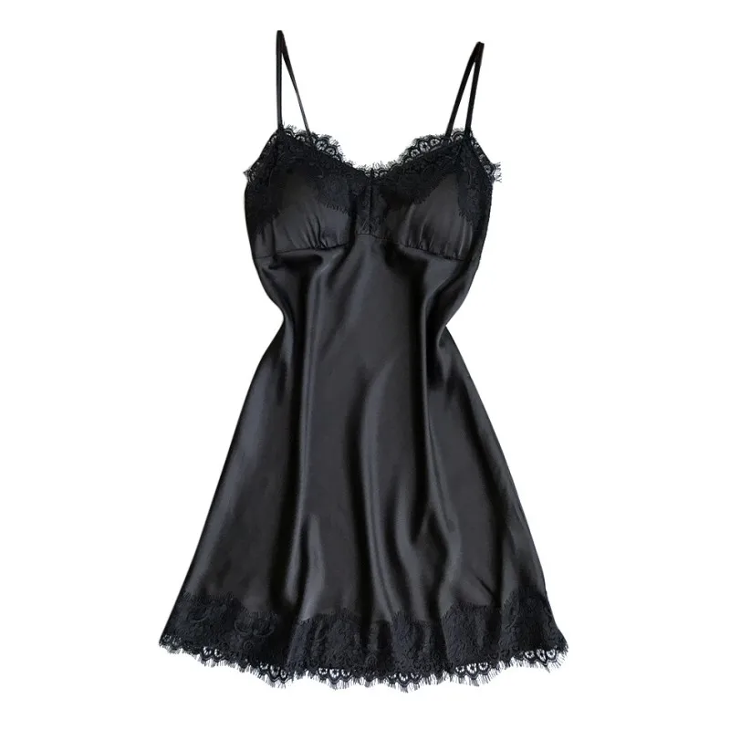 Сексуальное женское белье, шелковая ночная рубашка, летнее платье, кружевное Ночное платье, ночная рубашка, ночная сорочка, атласная Домашняя одежда, ночная рубашка на груди - Цвет: Черный