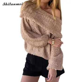 

Sexy Off Shoulder Knitted Sweater Woman 2018 Fashion Autumn Long Sleeve Boat Neck Casual Pullovers Loose Pull Femme Hiver Jumper