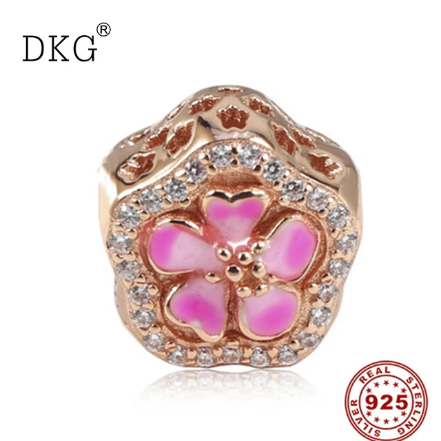 

2019 New 925 Sterling Silver Peach Blossom Charm Pink Enamel Crystal Beads Fit for Original Women's Charm Bracelet DIY Jewelry