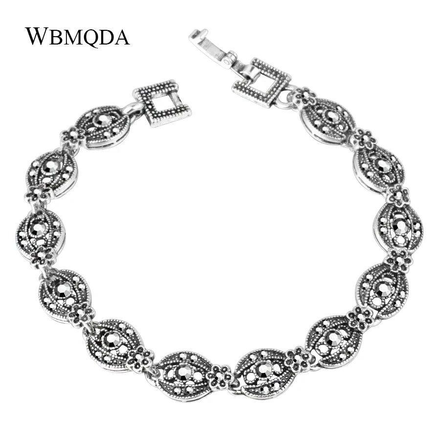 

WBMQDA Vintage Gray Crystal Flower Bracelet For Woman Ancient Silver Color Holiday Beach Bohe Jewelry Wholesale