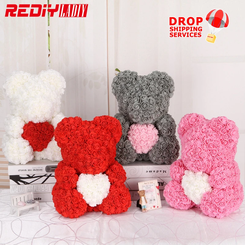 

Artificial Flowers Rose Bear Dolls PE Artificial Rose Romantic Valentines Day Lovely Teddy Bear with Heart Mothers' Day Gift