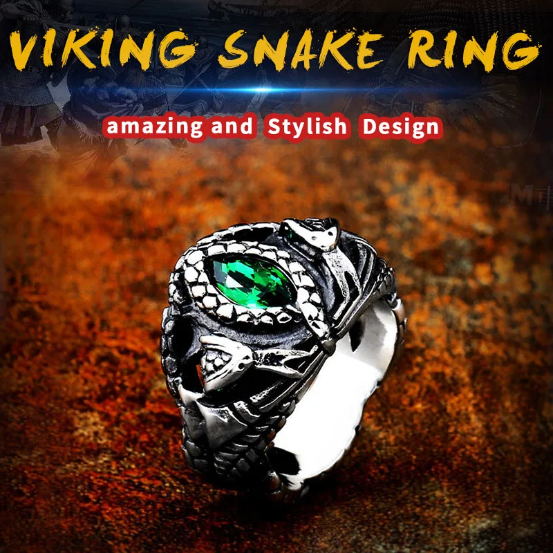 Stainless Steel Ring Norse Viking Amulet Snake Green Eyes Odin's Symbol for Men Scandinavian 316L Stainless Steel