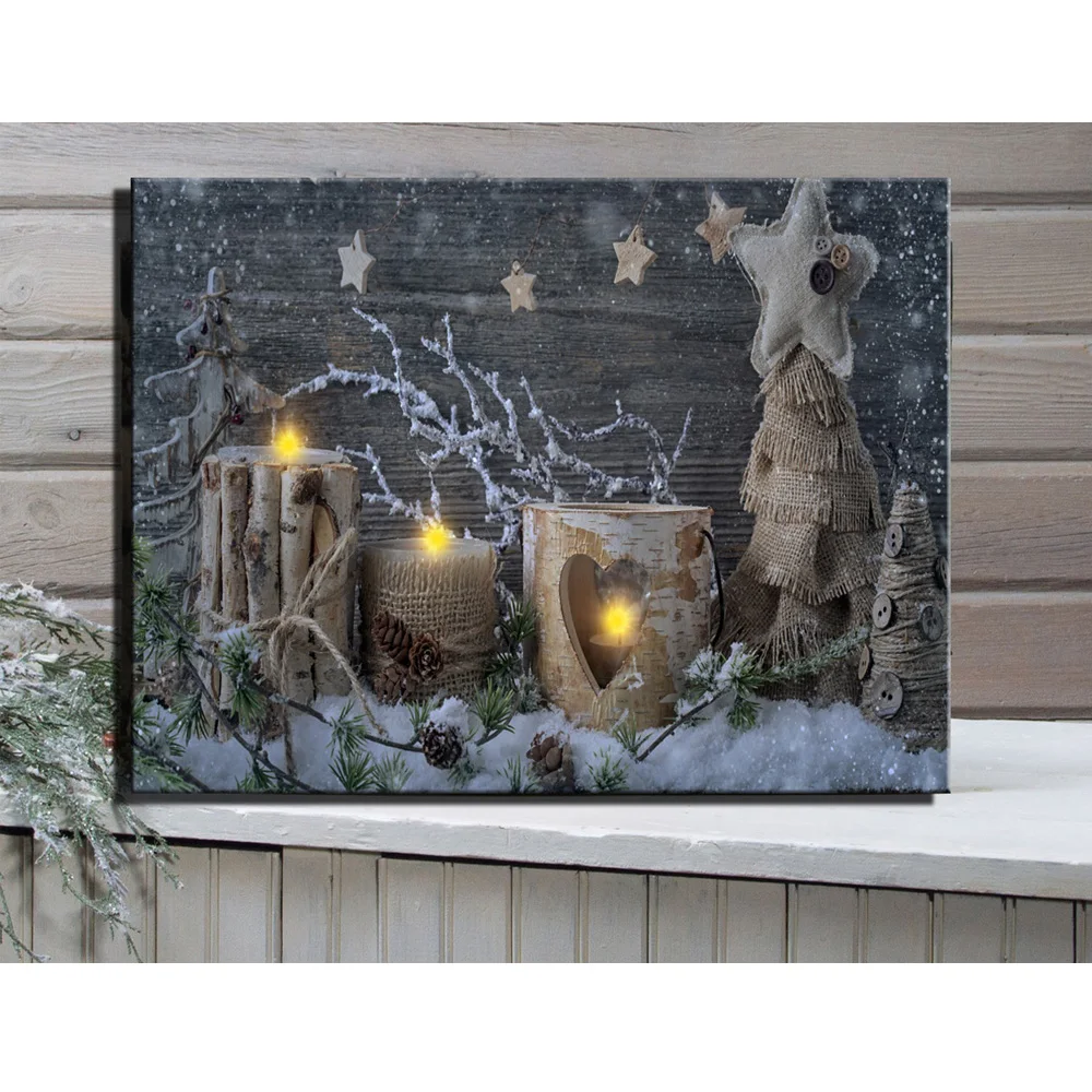 Canvas wall art with led lighted up Flicking winter candles in birch on