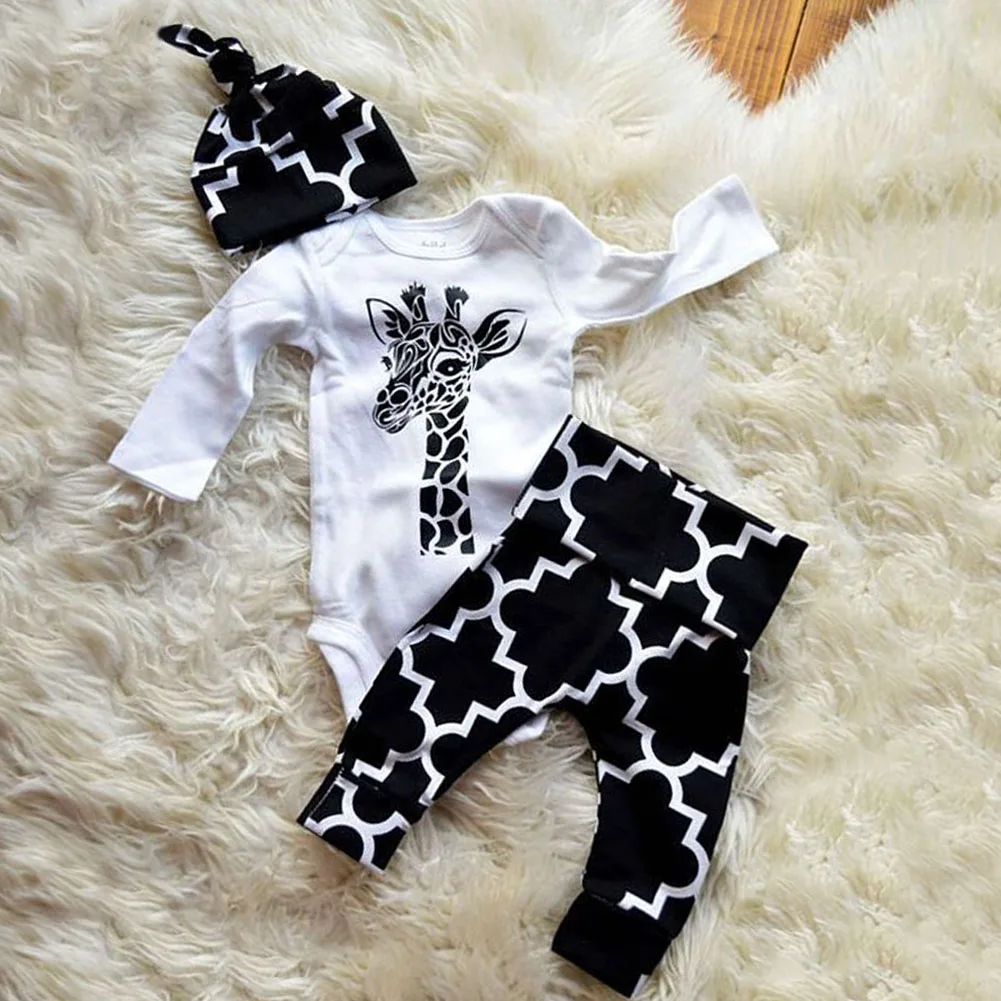 Pudcoco для новорожденных комплект одежды для маленьких мальчиков Жираф боди+ длинные брюки+ Шапки 3 шт. Джентльмен наряд осень 0- 18 м