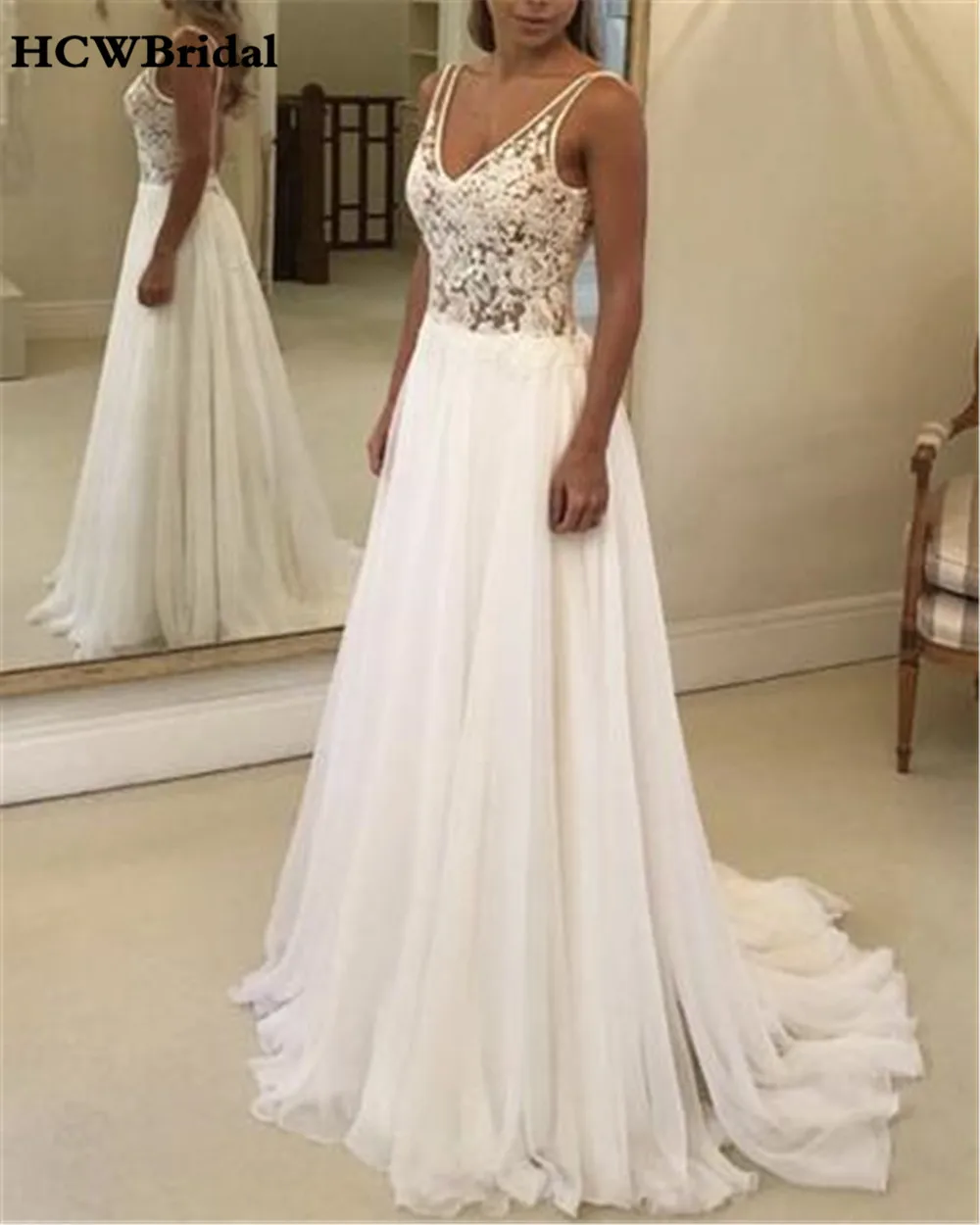 Backless A Line Chiffon Lace Wedding Dresses 2019 High Quality V Neck