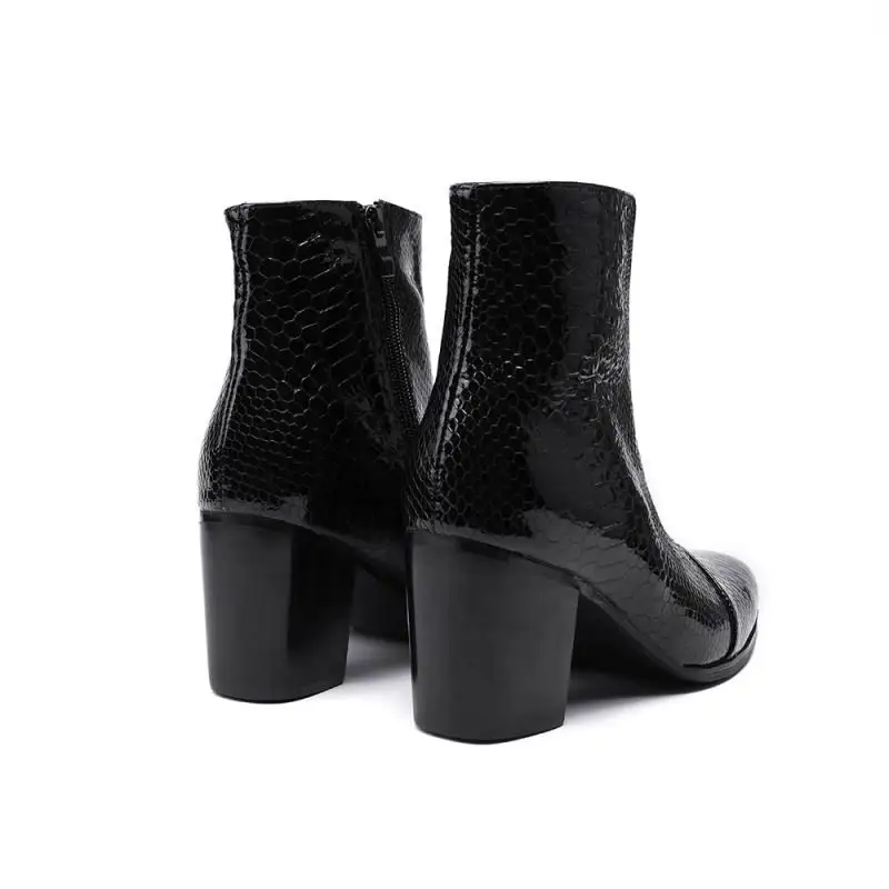 Mode Heel Schwarzes High Top Personalisierte Waden Errfc Patent Muster Schwarz Boot Designer Schuhe Leder Python Schlange Männer Mittlere 0gaTF