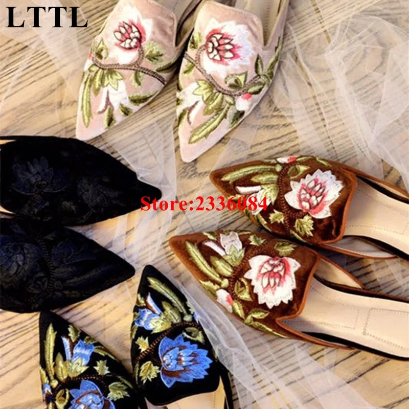 

Kendall Jenner Outfit Velet Mia Floral Mules Slipper Shoes Multicolor Pointed Toe Flower Embroidered Designer Flats Women Shoes