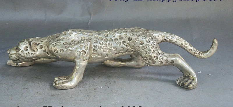 

15" Old China FengShui Animal Silver Wealth Beast Leopard Panthera pardus Statue