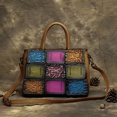 Ручная работа Ретро женская сумка из воловьей кожи с верхней ручкой сумка с отделкой женские сумки на ремне сумки из тисненой кожи - Цвет: Многоцветный