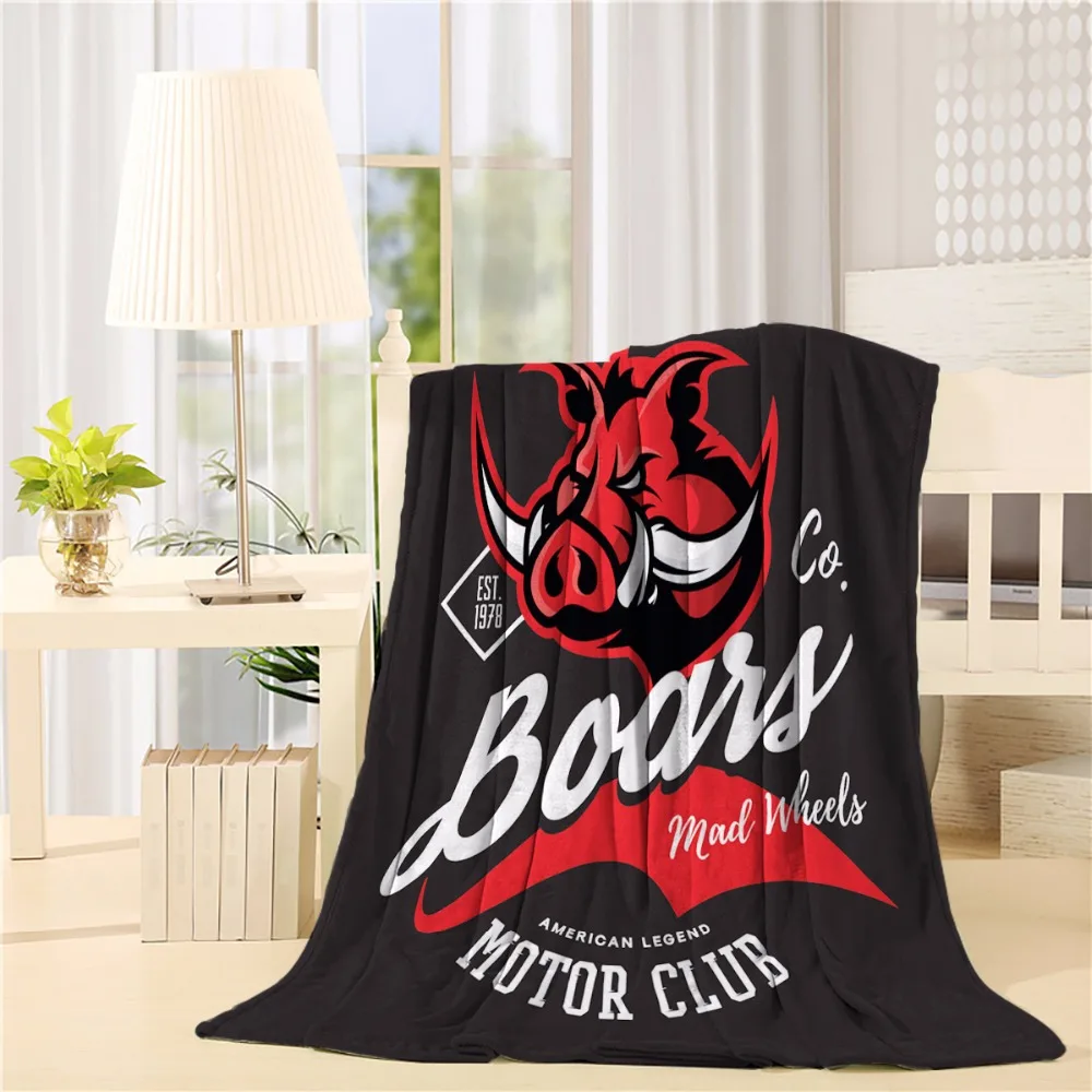 

Vintage American furious boar bikers club tee print vector design isolated on black background Flannel Throw Blanket Lightweight