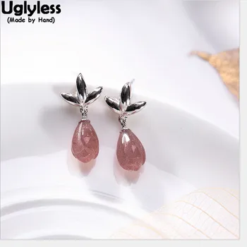 

Uglyless Pink Strawberry Quartz Magnolia Flower Earrings for Women 100% Solid 925 Silver Fine Jewelry Triangle Leaf Earrings