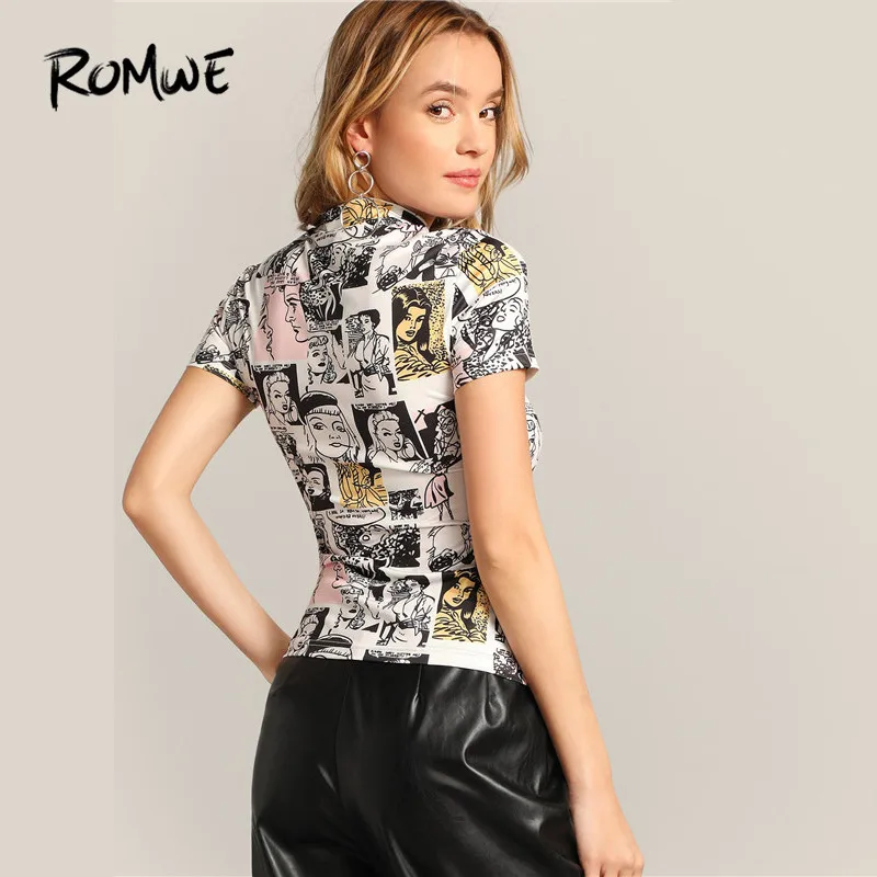 ROMWE женские летние топы со стоячим воротником и коротким рукавом с комическим принтом, футболки, модные уличные облегающие шикарные футболки