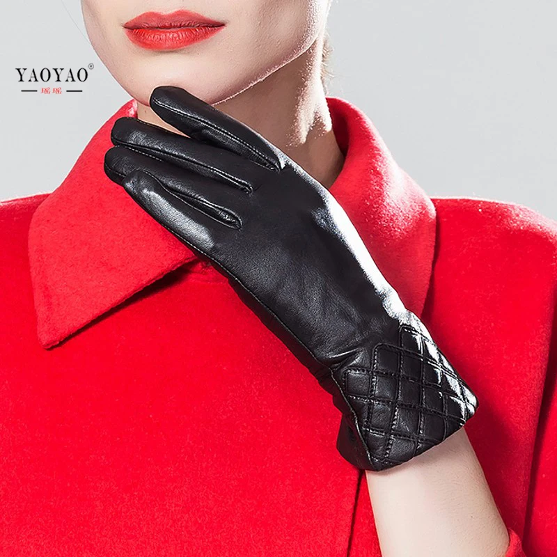

YY2108 Women Midi Long Genuine Leather Plaid Black Thin/Thick Gloves Mujer Real Suede Diamond Argyle European Style Guantes