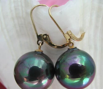 

hj 00529 16mm round Tahitian black shell pearl dangle earring