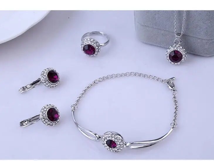

RU Unusual 925 Silver colour DARK Purple CZ Zirconia Crystal Pendant necklace bracelet earrings ring four piece jewelry sets