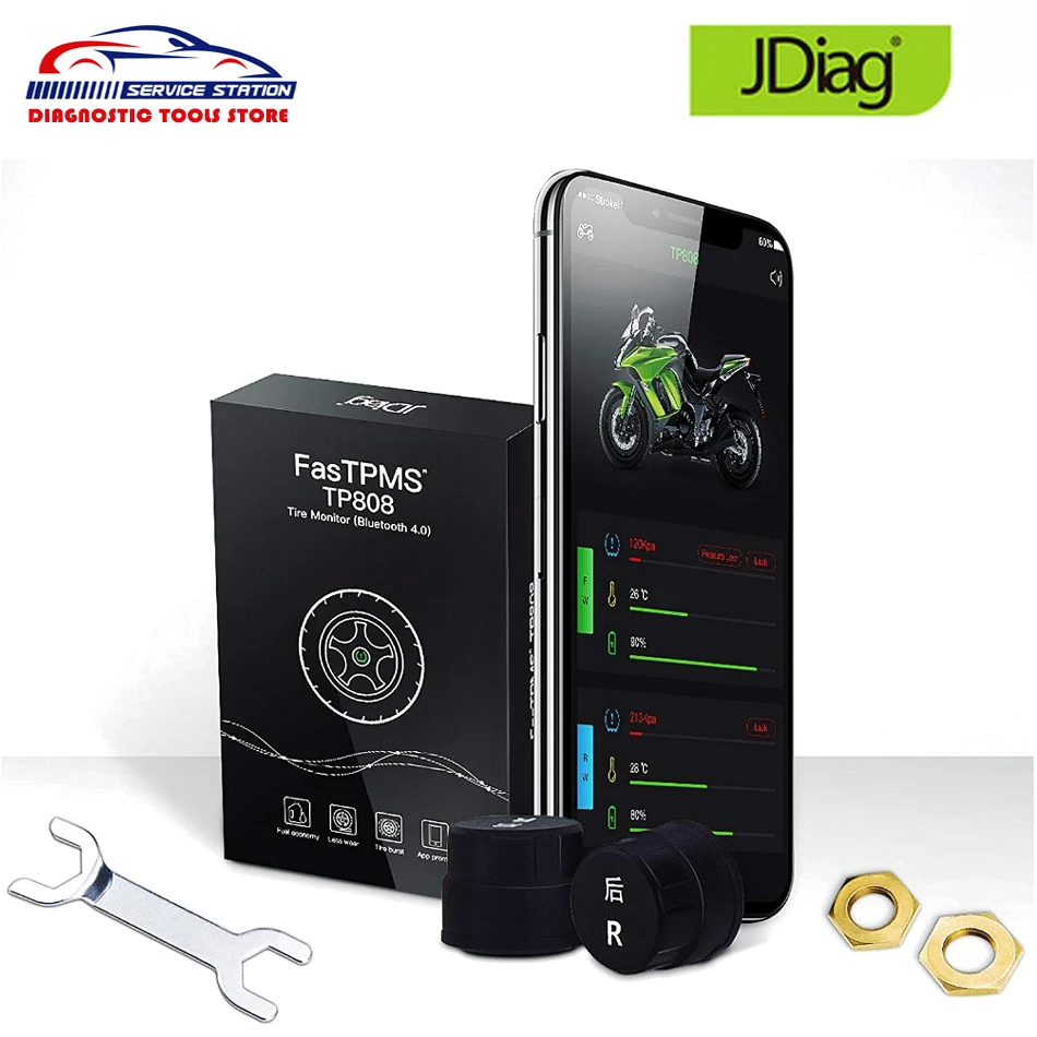 

JDiag FasTPMS TP808 Motorbike Tire Pressure Monitor Sensor Motor Testers TPMS Bluetooth Car Motorcycle Temperature Alarm