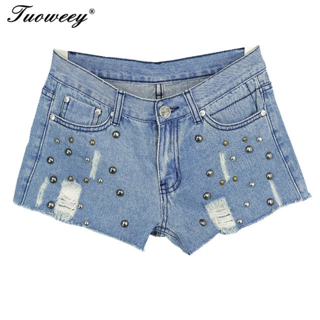 Buy Summer Beaded Denim Shorts Female Casual Plus Size