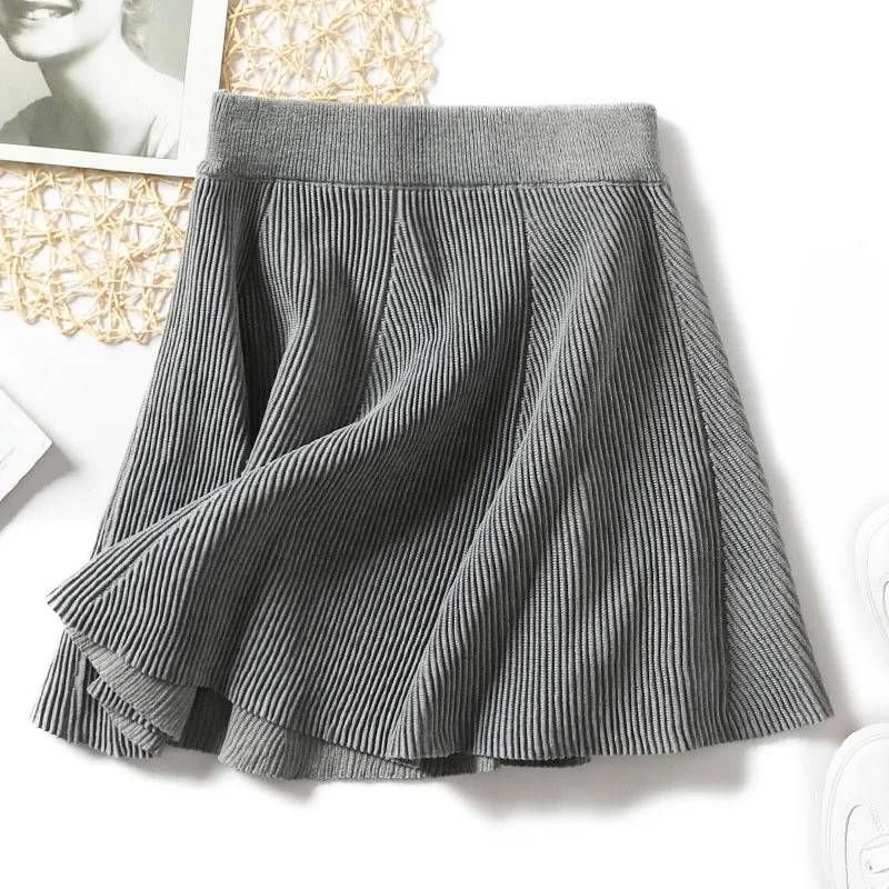 

Women Pleated Skirts Autumn Winter 2019 New Female High Waist Knitted Mini Skirt Casual A-line Grey Black Sun School Skirt Femme