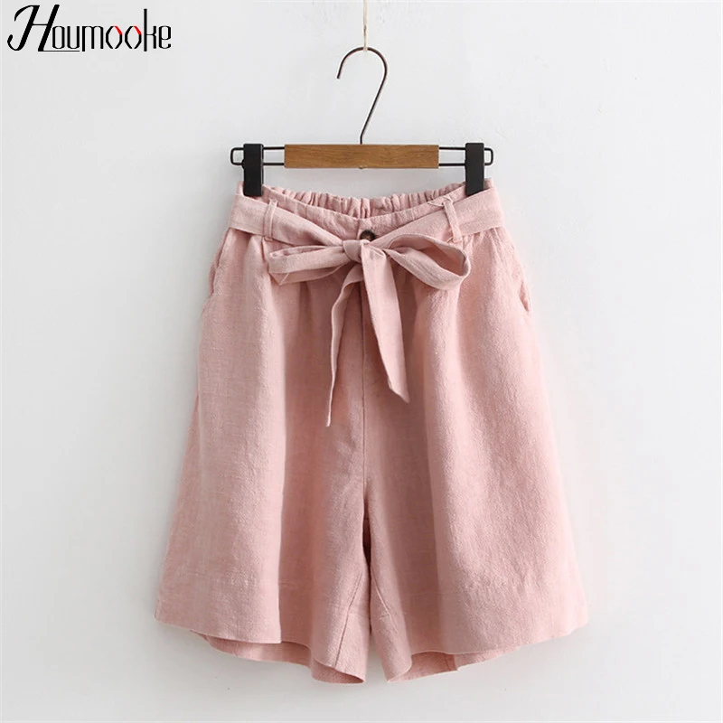 

Houmk Women high Waist Bow Linen Short Pants Loose Style Summer Shorts Wide Leg Streetwear Summer Shorts Cool summer bow shorts