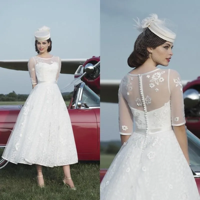 Tea Length Wedding Dress Half Sleeve White Vestido De Novia A Line Tea Length Wedding Dress Half Sleeve White Vestido De Novia A Line Liques Pleat Lace Bridal British Style In Dresses From Weddings