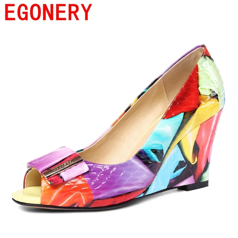 EGONERY Fashion Pumps Shoes 2018 Summer Women Genuine Leather High Heels Wedges Peep Toe Party Shoes