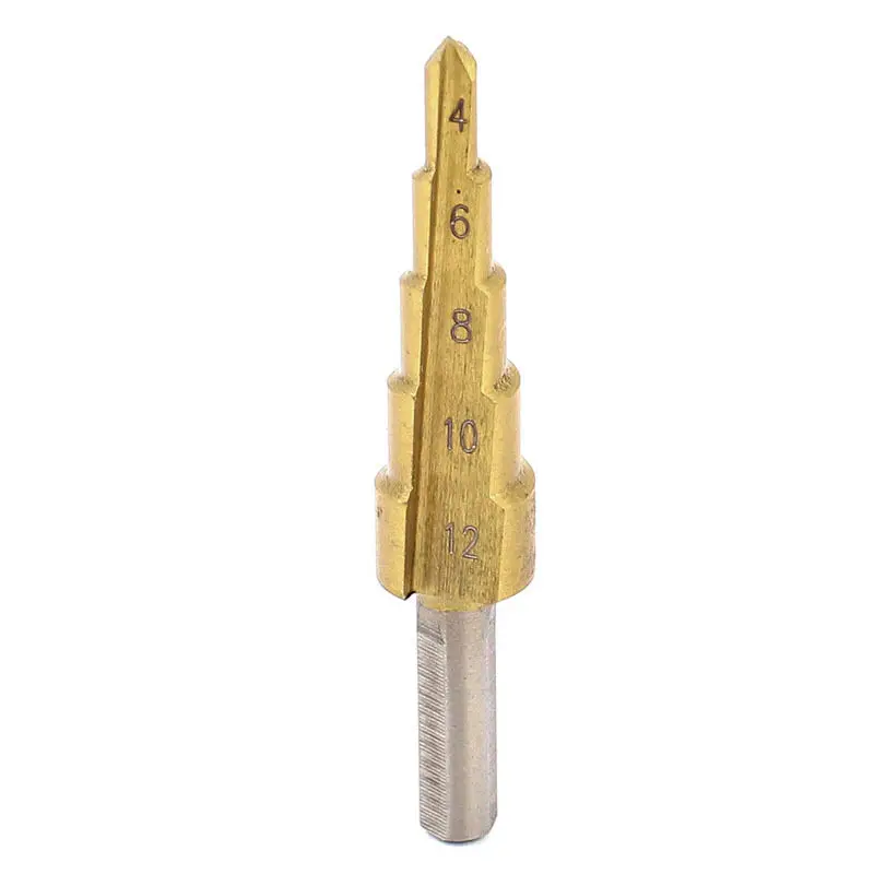 

5 Step Drill Bit Gold Tone Triangle Shank Titanium-Plated Straight Flute 4-12mm