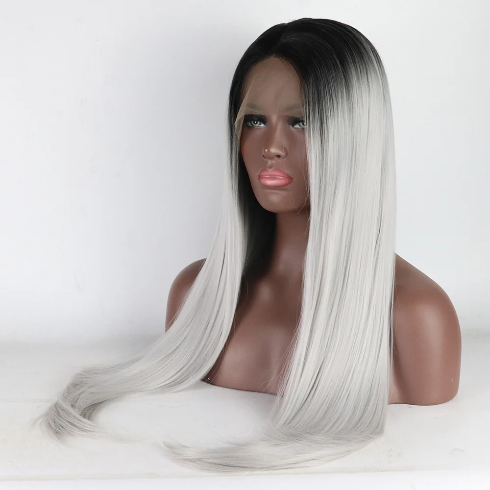 Фэнтези Красота Glueless Синтетические волосы на кружеве парик Ombre Silver Grey парик длинные прямые Хэллоуин синтетической парики для Для женщин жаропрочных парик