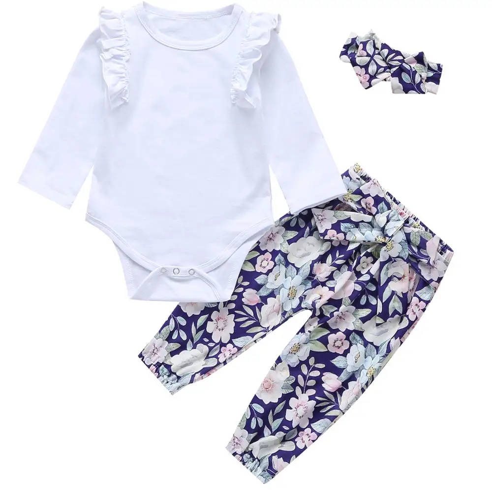 Infant Baby Girls Long Sleeve Tops Romper Floral Pants Outfits Set Clothes 3PCS