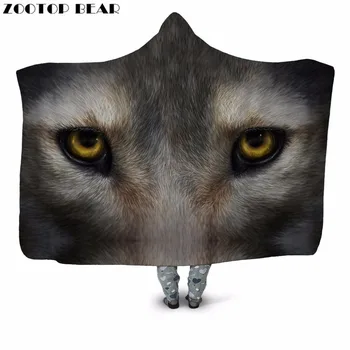 

Cute Wolf Face 3D Print Plush Hooded Blanket for Adult Youth Sofa Warm Wearable Couch Fleece Throw Blanket Home Office Washable