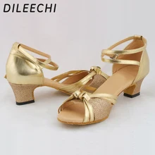 DILEECHI/золотистые женские туфли для латинских танцев из искусственной кожи; бальные туфли на низком каблуке; танцевальные туфли на толстом каблуке 4,5 см