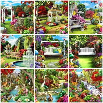 

AZQSD Full Square Diamond Painting Garden Scenery 5D Cross Stitch Kits Diamond Mosaic Flower Needlework Home Decoration Gift