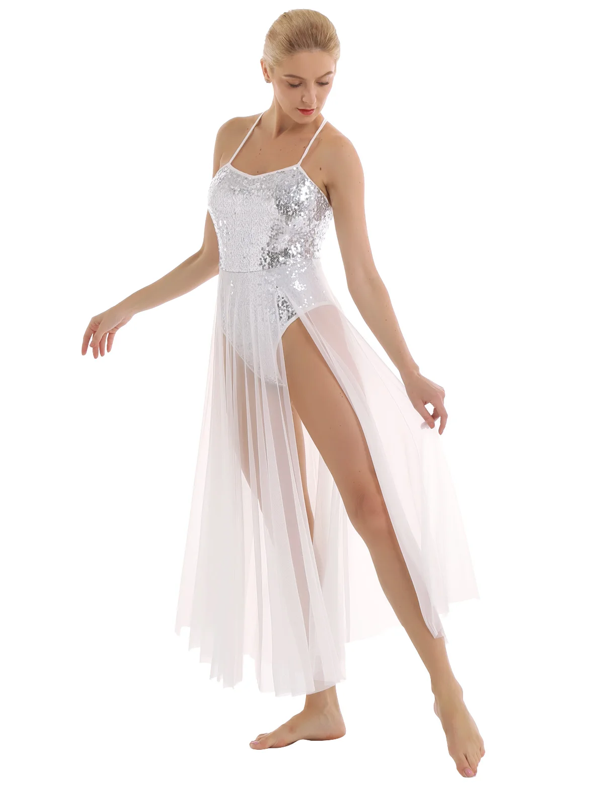 Женское балетное платье Лирический танцевальный костюм Спагетти ремень без рукавов блестками балетное трико платье с Сплит сеткой макси юбка