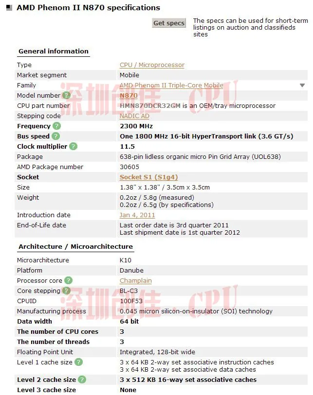 Ноутбук с процессором AMD N870 HMN870DCR32GM cpu 1,5 M cache/2,3 GHz/Socket S1 трехъядерный процессор ноутбука N 870 N-870