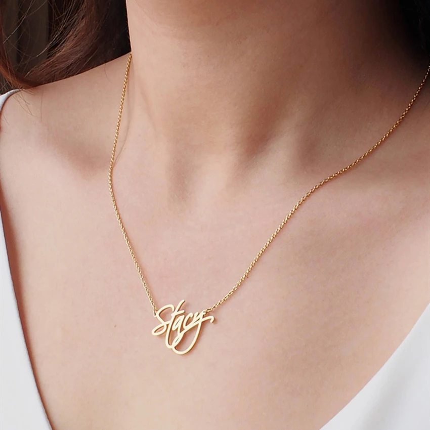  Custom Cursive Name Necklace Personalized Stainless Steel Gold Color Nameplate Pendant Choker Neckl