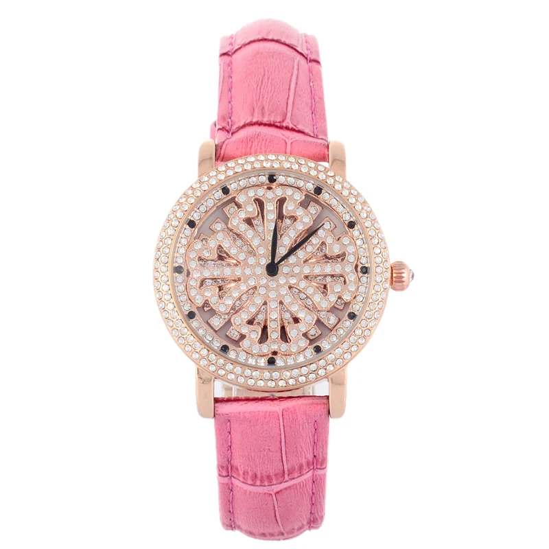 

Montre Femme Fashion Vintage Flower Women Dress Watches Crystals Rotation Wristwatch Leather Reloj GOOD LUCK Hours Relogio W053