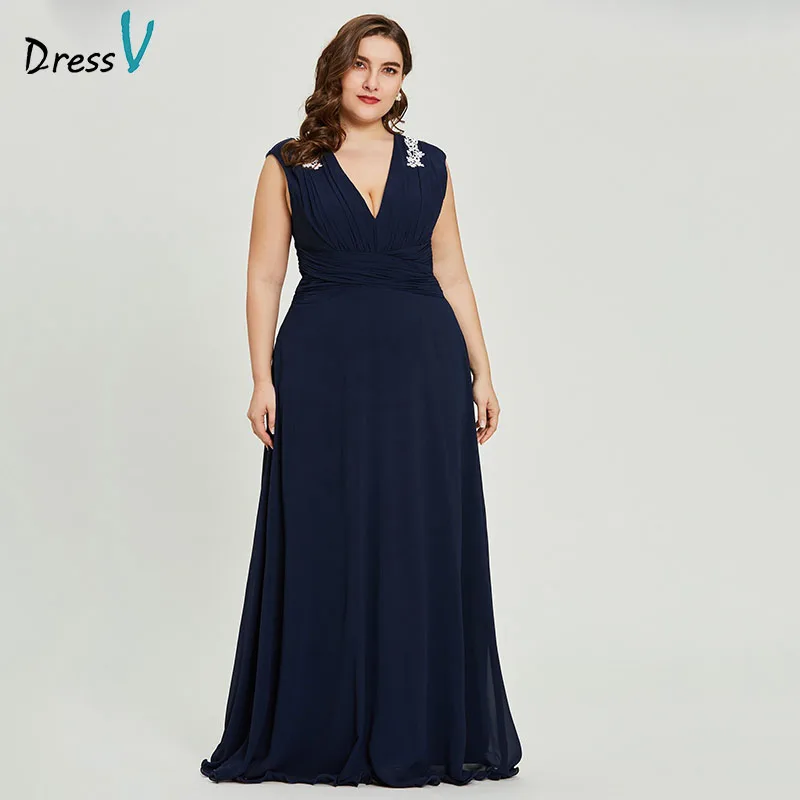 Dressv black v neck plus size evening dress elegant a line sleeveless ...